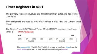 Timer Registers in 8051
The primary registers involved are THx (Timer High Byte) and TLx (Timer
Low Byte).
These registers are used to load initial values and to read the current timer
count.
The Timer Control (TCON) and Timer Mode (TMOD) registers configure
timer operation modes.
 