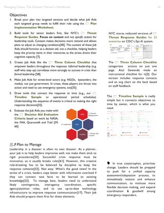 Managing Chaos: The Disaster Planner’s Handbook 16
Objectives
1. Break your plan into targeted sections and decide what Job Aids
each targeted group needs to fulfill their role using the  Plan
Implementation Worksheet.
2. Build tools for senior leaders first, like NYC’s  Threat
Response Guides. Focus on context and not specific actions for
leadership tools. Context makes decisions more rational and allows
plans to adjust to changing conditions[40]. The content of these Job
Aids should function as a decision aid, not a checklist, helping leaders
keep the priority items in their memories as the stress drains their
cognitive capacity [7].
3. Create Job Aids like the  Three Column Checklist that
empower leaders throughout the response. Informal leadership (e.g.
staff who step up) correlates more strongly to success in crisis than
formal leadership [58].
4. Make Job Aids for street-level actors (e.g. NGOs, bystanders, the
media); not just government. In crises, these players are thrust into
action and need to use emergency systems, too[35].
5. Draw tools that connect the response to time (e.g., our 
Timeline Sample or operational period schedules).
Understanding the sequence of events is critical to making the right
response decisions[32].
6. Evaluate the Job Aids you make with
the  Decision Aid Evaluation
Criteria based on work by NASA,
the FAA, Quarantelli and Yukl [59,
60]
Plan to Manage
Leadership in a disaster is often its own disaster. As a planner,
your job is to help leaders improvise well, not make them stick to
rigid procedures[23]. Successful crisis response must be
innovative, so it usually breaks rules[61]. However, this creative
rule-breaking has to be balanced by discipline to keep the
response cohesive[52]. Not easy. What’s the good news? In the
stress of a crisis, leaders cope better with information overload if
they can connect new facts to be learned to existing
knowledge[52]. To manage best, leaders need to understand
likely contingencies, interagency coordination, specific
agency/position roles, and to use up-to-date technology
infrastructure to improve response communication[17]. Their Job
Aids should prepare them first for these elements.
NYC stores redacted versions of 
Threat Response Guides for 21
scenarios on CDC’s Epi-X system.
We designed 21  Threat
Response Guides for leadership
that are designed to help Incident
Commanders focus on context.
Redacted versions of all our guides
are on Epi-X.
The  Three Column Checklist
categorizes actions on just one
page. Atul Gawande made an
instructional checklist for it[2]. Our
version includes response contacts
and an org chart on the back based
on staff feedback.
The  Three Column Checklist
lets you categorize actions on just
one page. Atul Gawande made an
instructional checklist for it[2]. Our
version includes response contacts
and an org chart on the back based
on staff feedback.
The  Timeline Sample is really
simple but it connects objectives to
time by owner, which is what you
need.
 In true catastrophes, priorities
change. Leaders should be prepped
to push for a unified capacity
assessment/adaptation process, to
immediately restore and enhance
communication, to institute more
flexible decision making, and expand
coordination & goodwill among
emergency responders.
 In true catastrophes, priorities
 