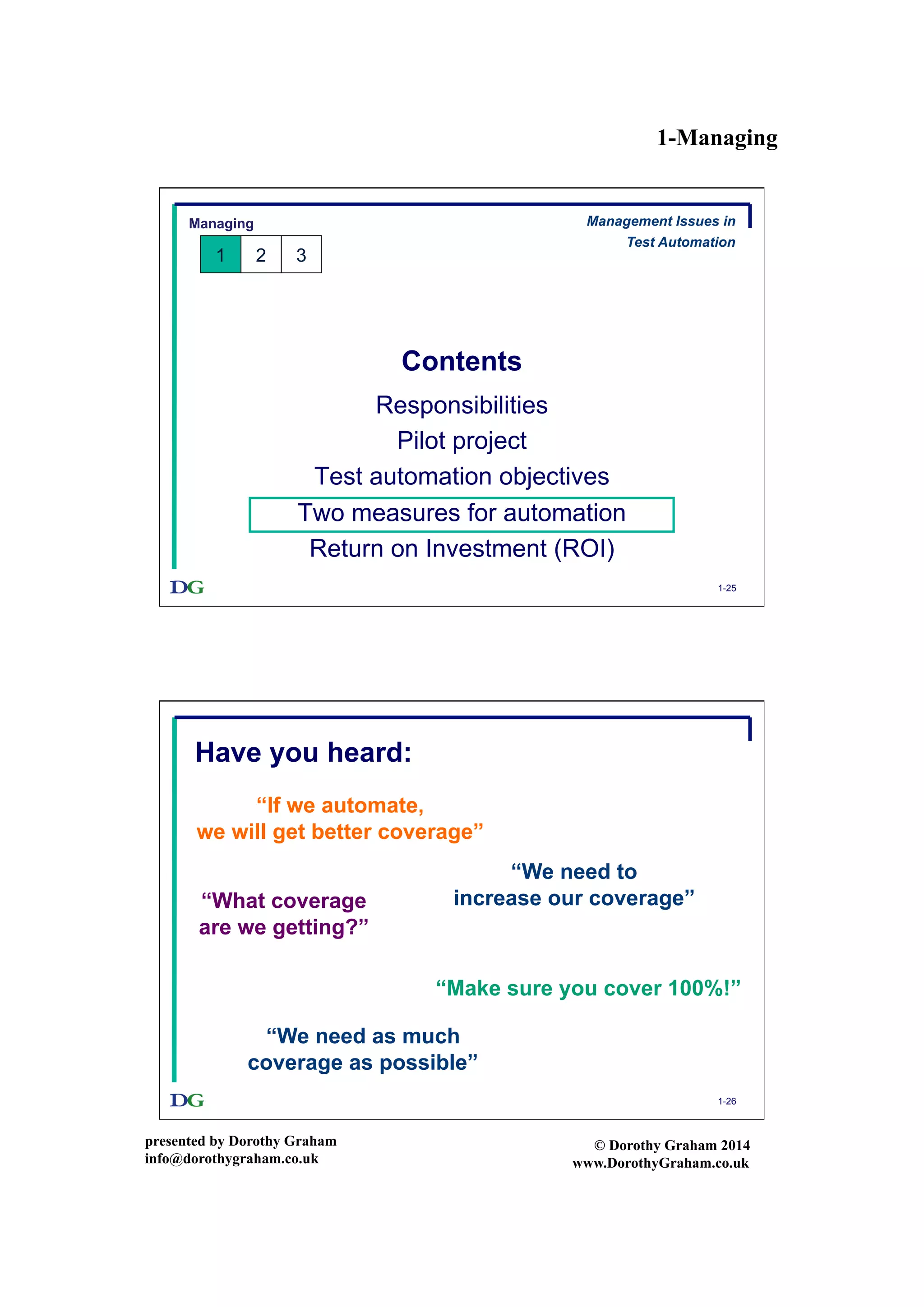 1-Managing
presented by Dorothy Graham
info@dorothygraham.co.uk
© Dorothy Graham 2014
www.DorothyGraham.co.uk
1-25
Contents
Responsibilities
Pilot project
Test automation objectives
Two measures for automation
Return on Investment (ROI)
Managing
1 2 3
Management Issues in
Test Automation
1-26
“We need to
increase our coverage”
“Make sure you cover 100%!”
“What coverage
are we getting?”
“If we automate,
we will get better coverage”
Have you heard:
“We need as much
coverage as possible”
 