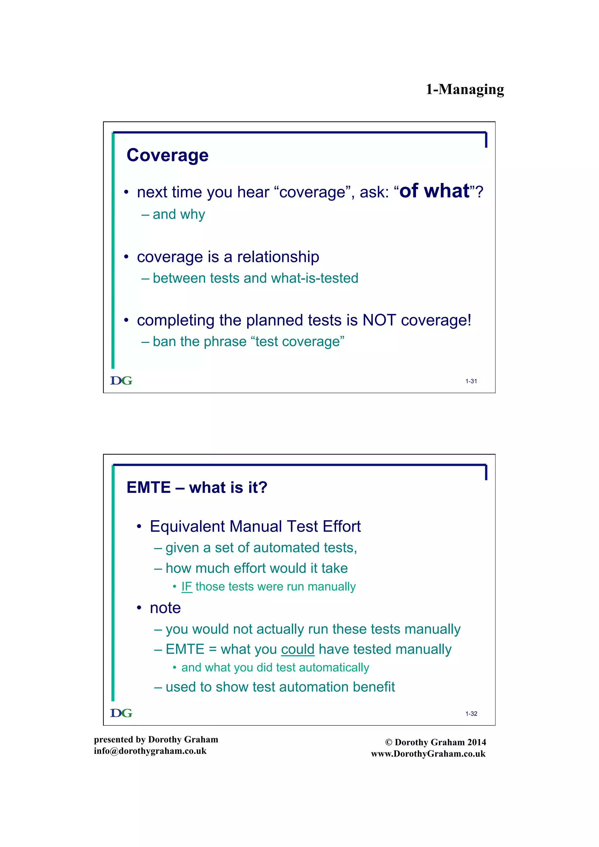 1-Managing
presented by Dorothy Graham
info@dorothygraham.co.uk
© Dorothy Graham 2014
www.DorothyGraham.co.uk
1-31
Coverage
•  next time you hear “coverage”, ask: “of what”?
– and why
•  coverage is a relationship
– between tests and what-is-tested
•  completing the planned tests is NOT coverage!
– ban the phrase “test coverage”
1-32
EMTE – what is it?
•  Equivalent Manual Test Effort
– given a set of automated tests,
– how much effort would it take
•  IF those tests were run manually
•  note
– you would not actually run these tests manually
– EMTE = what you could have tested manually
•  and what you did test automatically
– used to show test automation benefit
 