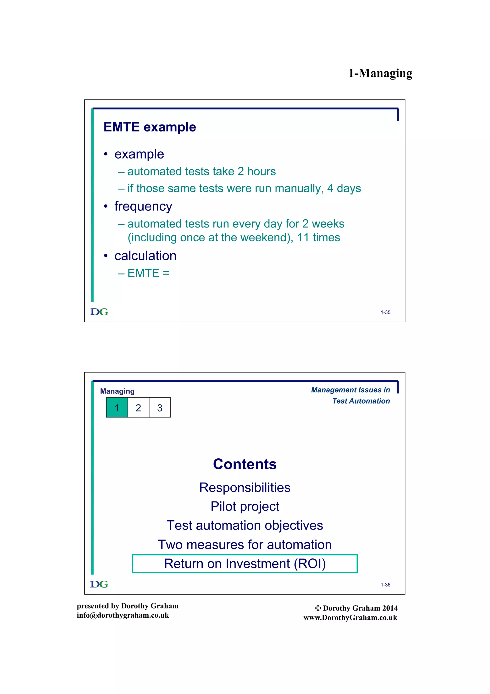 1-Managing
presented by Dorothy Graham
info@dorothygraham.co.uk
© Dorothy Graham 2014
www.DorothyGraham.co.uk
1-35
EMTE example
•  example
– automated tests take 2 hours
– if those same tests were run manually, 4 days
•  frequency
– automated tests run every day for 2 weeks
(including once at the weekend), 11 times
•  calculation
– EMTE =
1-36
Contents
Responsibilities
Pilot project
Test automation objectives
Two measures for automation
Return on Investment (ROI)
Managing
1 2 3
Management Issues in
Test Automation
 