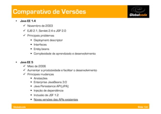 Comparativo de Versões
  •    Java EE 1.4
           Novembro de 2003
           EJB 2.1, Servlet 2.4 e JSP 2.0
           Principais problemas
                  Deployment descriptor
                  Interfaces
                  Entity beans
                  Complexidade de aprendizado e desenvolvimento

  •    Java EE 5
           Maio de 2006
           Aumentar a produtividade e facilitar o desenvolvimento
           Principais mudanças
                Anotações
                Enterprise JavaBeans 3.0
                Java Persistence API (JPA)
                Injeção de dependência
                Inclusão de JSF 1.2
                Novas versões das APIs existentes

Globalcode                                                           Slide 124
 