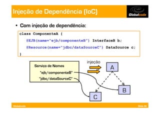 Injeção de Dependência (IoC)
  •  Com injeção de dependência:
    class ComponenteA {
             @EJB(name=“ejb/componenteB”) InterfaceB b;
             @Resource(name=“jdbc/dataSourceC”) DataSource c;
    }

                                       injeção
                Serviço de Nomes
                                                 A
                   “ejb/componenteB”
                  “jdbc/dataSourceC”


                                                          B
                                          C
Globalcode                                                      Slide 66
 