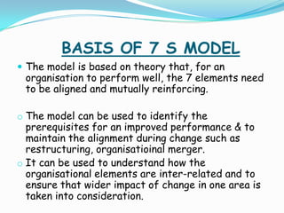  The 7 S framework is a management model developed by Robert J. Waterman & Tom Peters (also developed MBWA i.e management by walking around).
