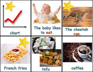 tofu coffee
chart
The cheetah
ran.
French fries
The baby likes
to eat.
 