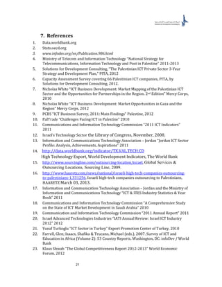 21
7. References
1. Data.worldbank.org
2. Stats.oecd.org
3. www.infodev.org/en/Publication.986.html
4. Ministry of Telecom and Information Technology “National Strategy for
Telecommunications, Information Technology and Post in Palestine” 2011-2013
5. Solutions for Development Consulting, “The Palestinian ICT Private Sector 3-Year
Strategy and Development Plan,” PITA, 2012
6. Capacity Assessment Survey covering 66 Palestinian ICT companies, PITA, by
Solutions for Development Consulting, 2012.
7. Nicholas White “ICT Business Development: Market Mapping of the Palestinian ICT
Sector and the Opportunities for Partnerships in the Region. 2nd Edition” Mercy Corps,
2010
8. Nicholas White “ICT Business Development: Market Opportunities in Gaza and the
Region” Mercy Corps, 2012
9. PCBS “ICT Business Survey, 2011: Main Findings” Palestine, 2012
10. PalTrade “Challenges Facing ICT in Palestine” 2010
11. Communications and Information Technology Commission “2011 ICT Indicators”
2011
12. Israel’s Technology Sector the Library of Congress, November, 2008.
13. Information and Communications Technology Association – Jordan “Jordan ICT Sector
Profile: Analysis, Achievements, Aspirations” 2011
14. http://data.worldbank.org/indicator/TX.VAL.TECH.CD
High Technology Export, World Development Indicators, The World Bank
15. http://www.sourcingline.com/outsourcing-location/israel, Global Services &
Outsourcing Locations, Sourcing Line, 2009.
16. http://www.haaretz.com/news/national/israeli-high-tech-companies-outsourcing-
to-palestinians-1.331256, Israeli high-tech companies outsourcing to Palestinians,
HAARETZ March 03, 2013.
17. Information and Communication Technology Association – Jordan and the Ministry of
Information and Communications Technology “ICT & ITES Industry Statistics & Year
Book” 2011
18. Communications and Information Technology Commission “A Comprehensive Study
on the State of ICT Market Development in Saudi Arabia” 2010
19. Communication and Information Technology Commission “2011 Annual Report” 2011
20. Israel Advanced Technologies Industries “IATI Annual Review: Israel ICT Industry
2012” 2012
21. Yusuf Turkoglu “ICT Sector in Turkey” Export Promotion Center of Turkey, 2010
22. Farrell, Glen; Isaacs, Shafika & Trucano, Michael (eds.). 2007. Survey of ICT and
Education in Africa (Volume 2): 53 Country Reports. Washington, DC: infoDev / World
Bank
23. Klaus Shwab “The Global Competitiveness Report 2012-2013” World Economic
Forum, 2012
 