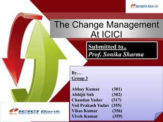The Change Management
       At ICICI
             Submitted to..
             Prof. Sonika Sharma

   By…
   Group 3

   Abhay Kumar         (301)
   Abhijit Sah         (302)
   Chandan Yadav       (317)
   Ved Prakash Yadav   (355)
   Vikas Kumar          (356)
   Vivek Kumar          (359)
 