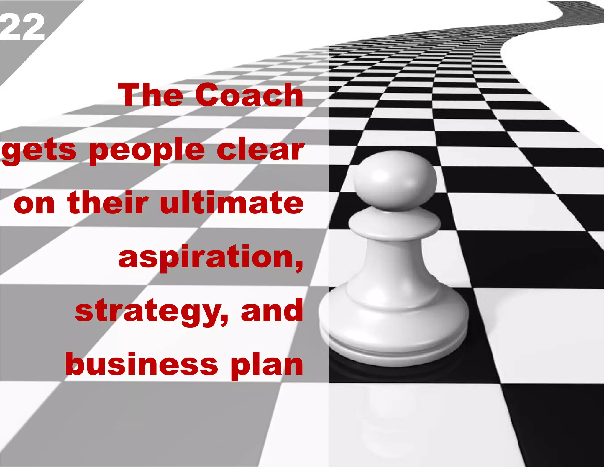 22
The Coach
gets people clear
on their ultimate
aspiration,
strategy, and
business plan  

 