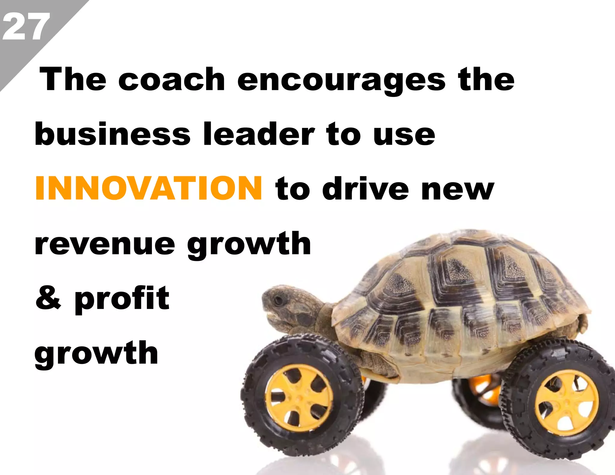 27
The coach encourages the
business leader to use
INNOVATION to drive new
revenue growth
& profit
growth  

 