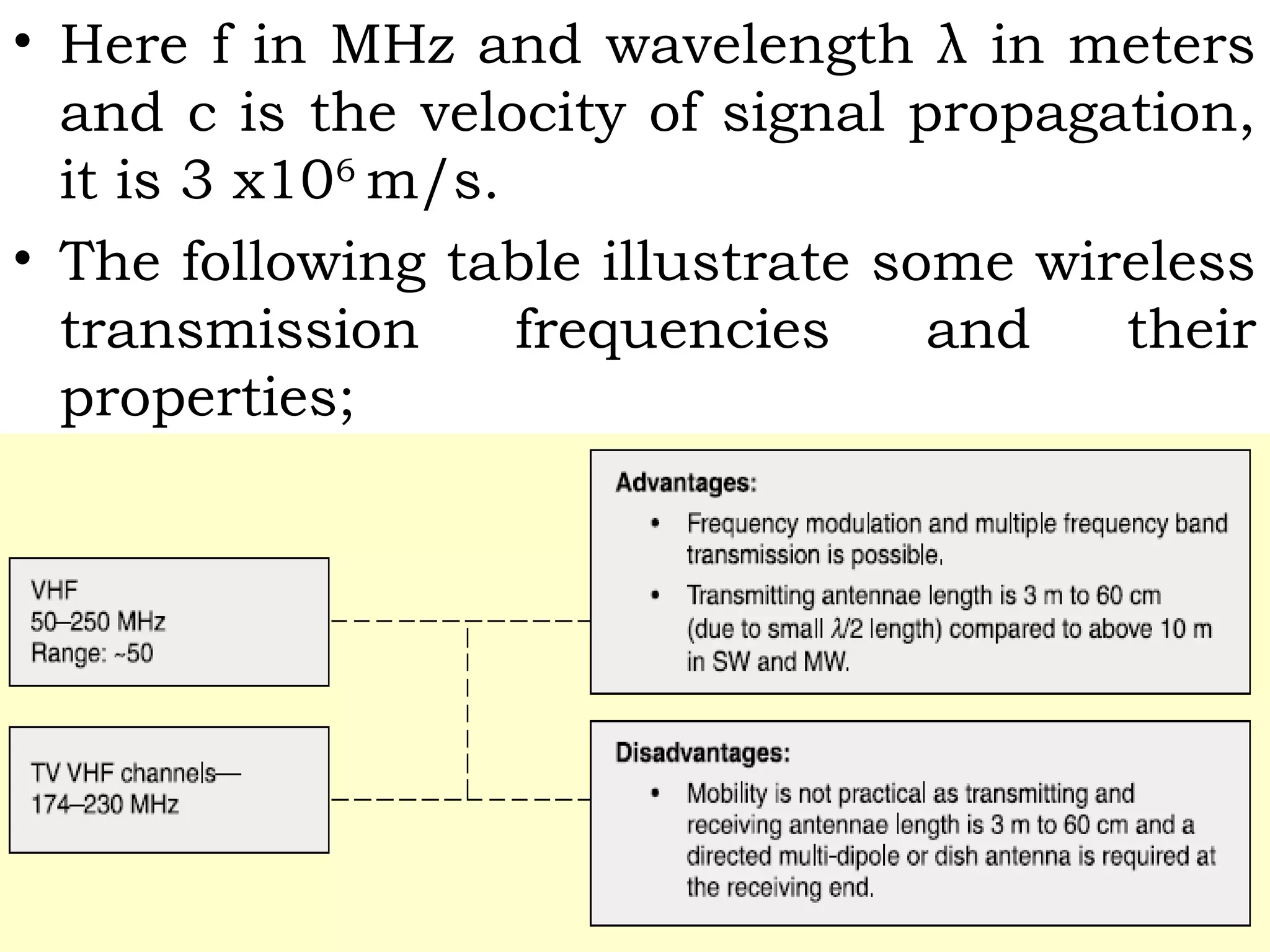 • Here f in MHz and wavelength λ in meters
and c is the velocity of signal propagation,
it is 3 x106
m/s.
• The following table illustrate some wireless
transmission frequencies and their
properties;
 