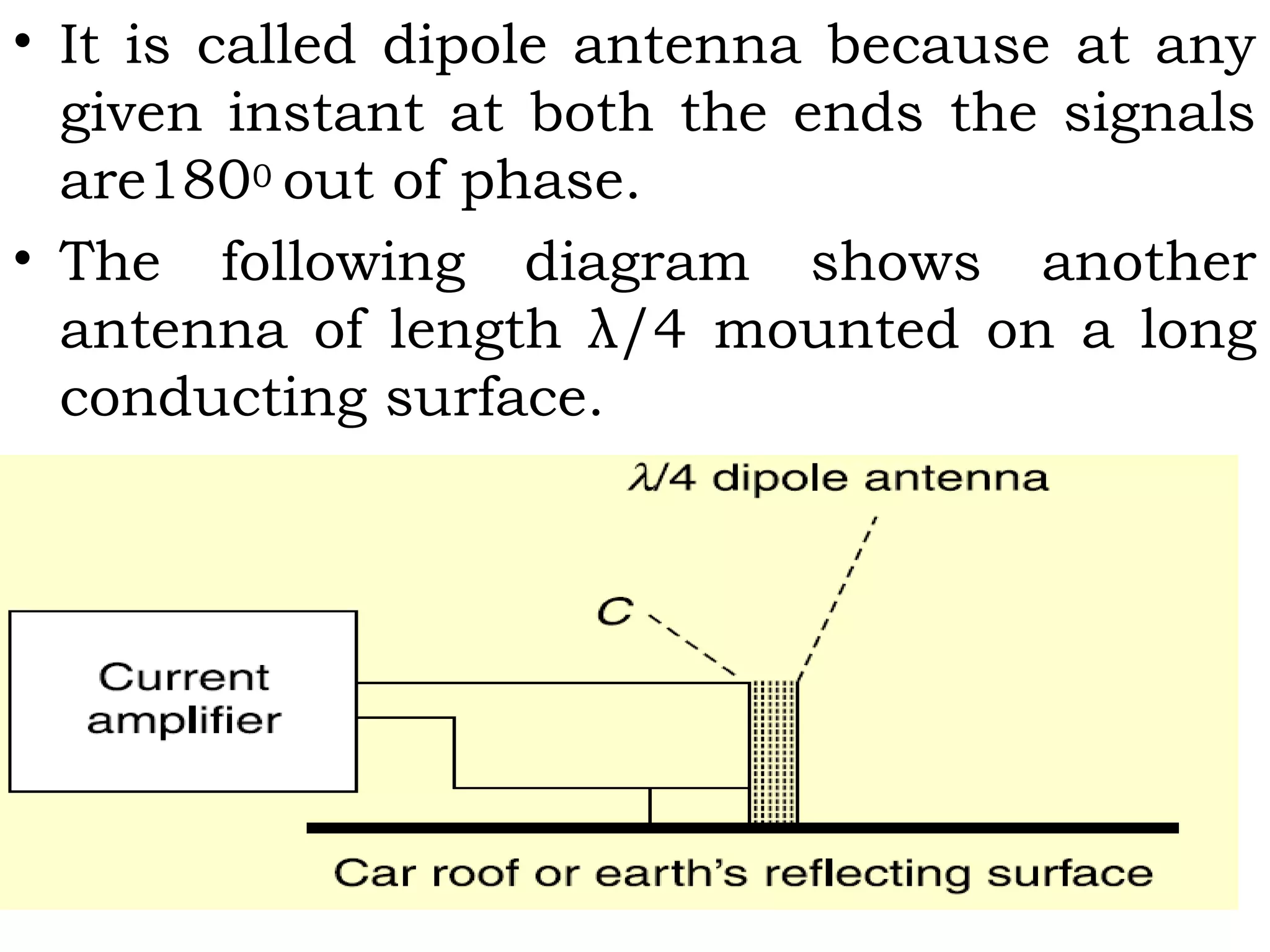 • It is called dipole antenna because at any
given instant at both the ends the signals
are1800 out of phase.
• The following diagram shows another
antenna of length λ/4 mounted on a long
conducting surface.
 