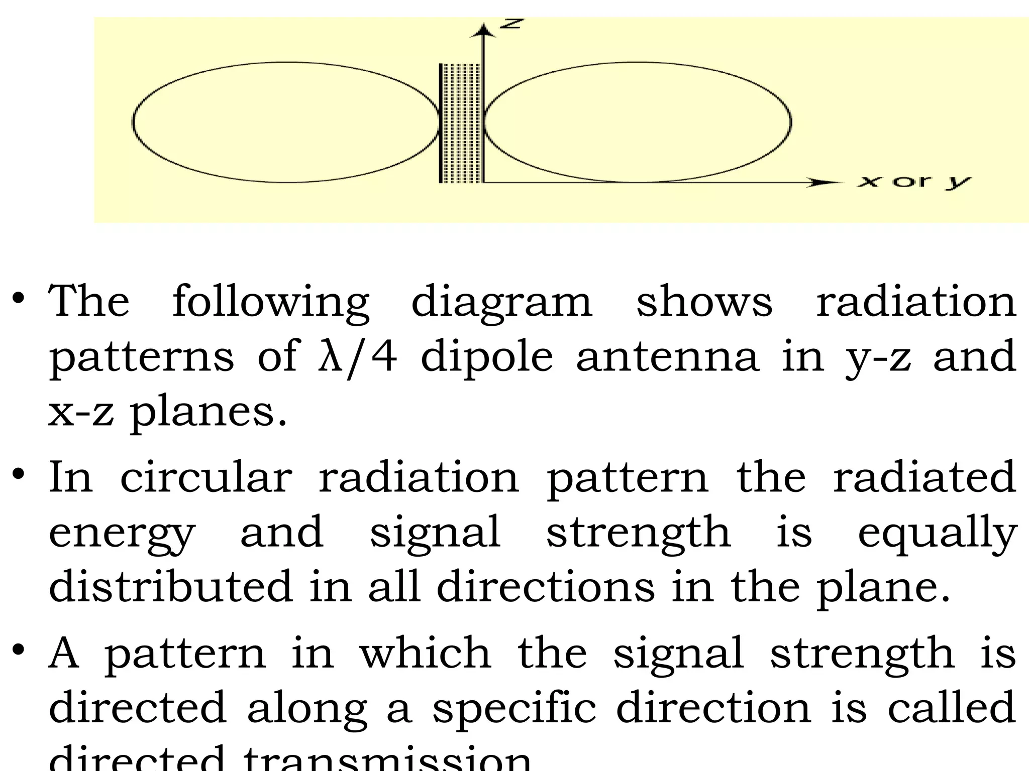 • The following diagram shows radiation
patterns of λ/4 dipole antenna in y-z and
x-z planes.
• In circular radiation pattern the radiated
energy and signal strength is equally
distributed in all directions in the plane.
• A pattern in which the signal strength is
directed along a specific direction is called
 