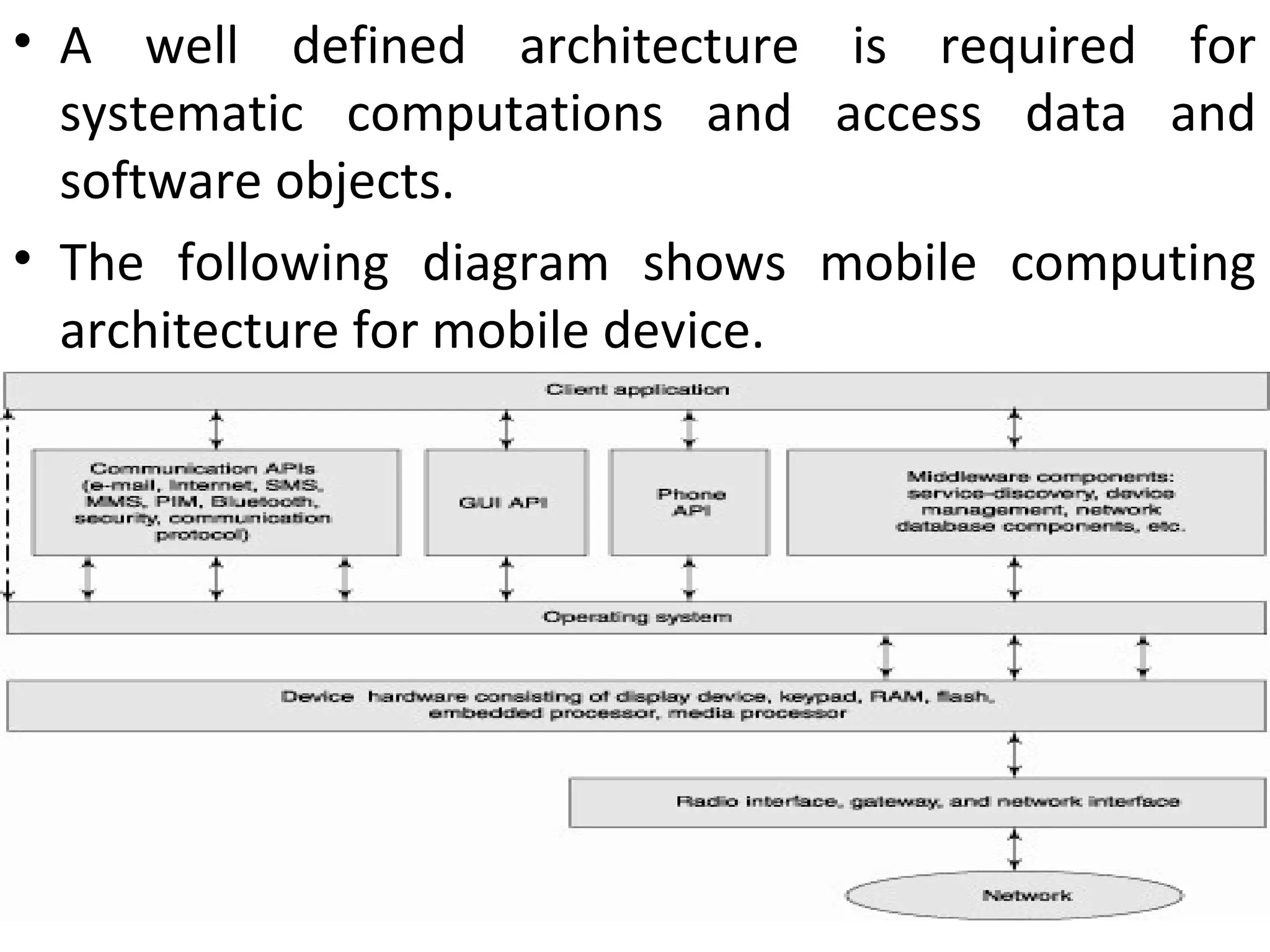 • A well defined architecture is required for
systematic computations and access data and
software objects.
• The following diagram shows mobile computing
architecture for mobile device.
 