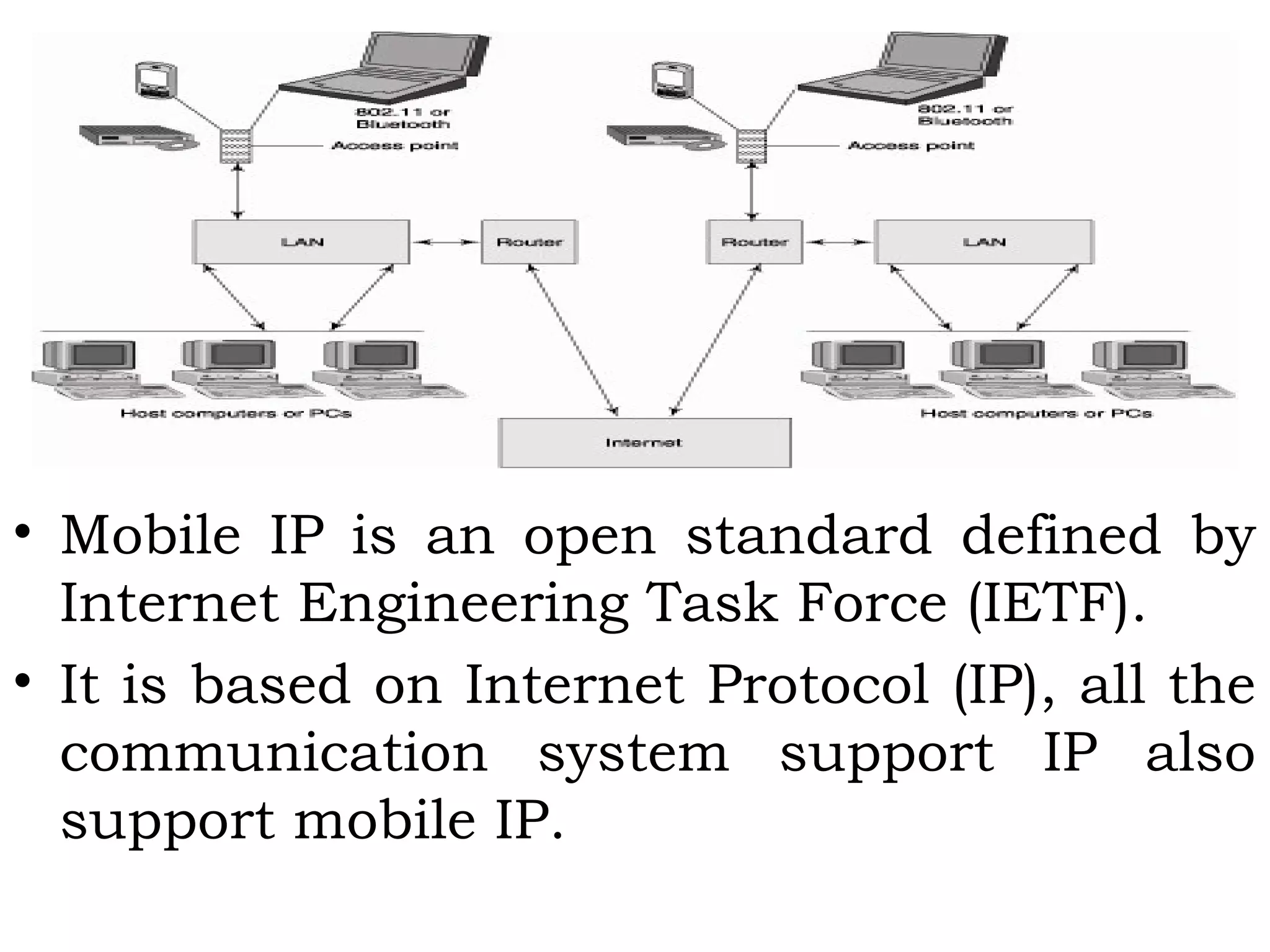 • Mobile IP is an open standard defined by
Internet Engineering Task Force (IETF).
• It is based on Internet Protocol (IP), all the
communication system support IP also
support mobile IP.
 