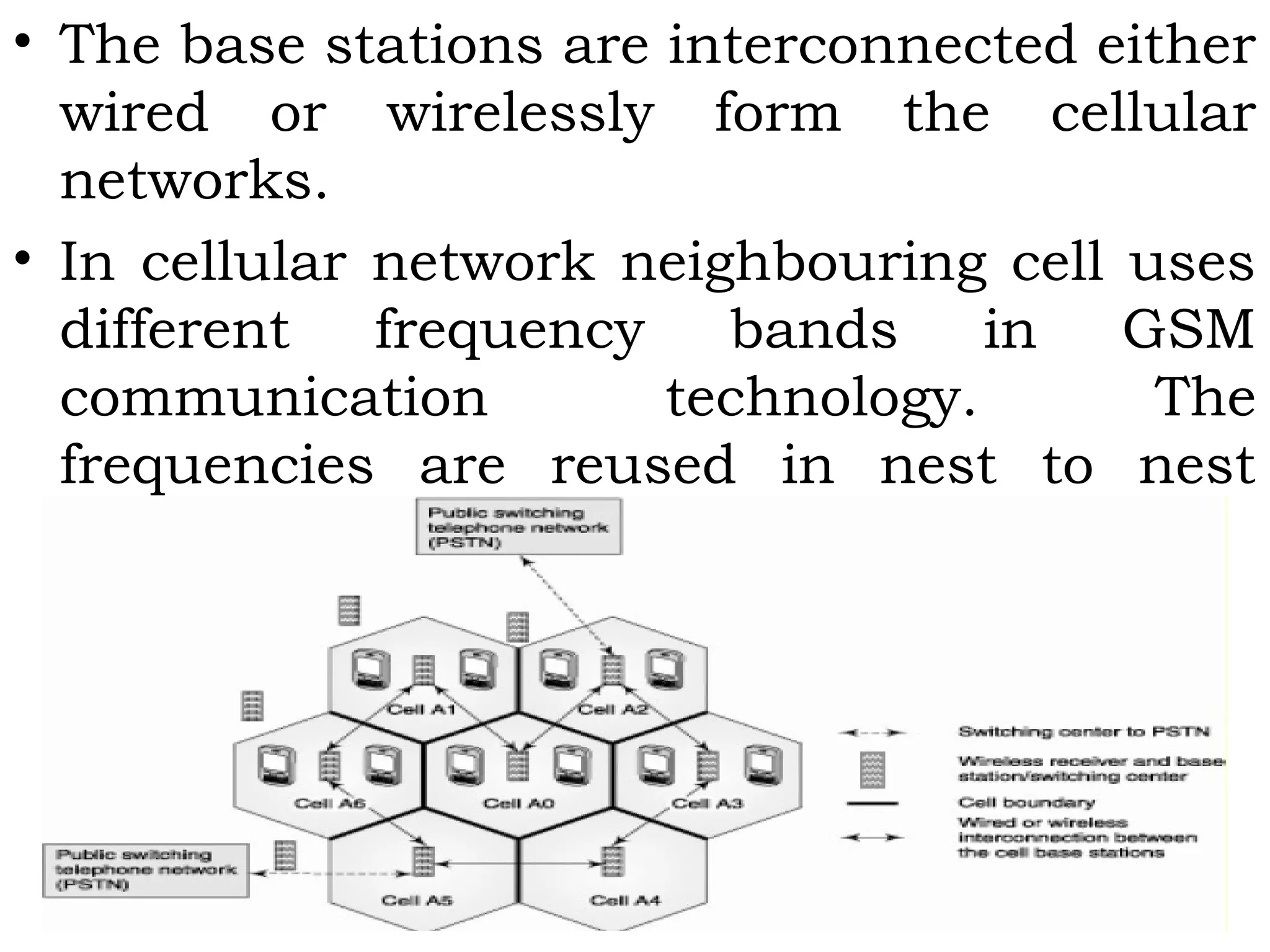 • The base stations are interconnected either
wired or wirelessly form the cellular
networks.
• In cellular network neighbouring cell uses
different frequency bands in GSM
communication technology. The
frequencies are reused in nest to nest
cells.
 