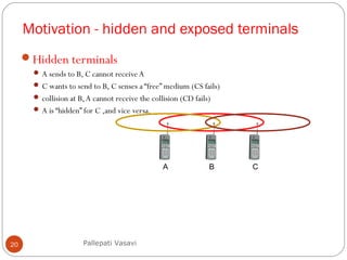 Motivation - hidden and exposed terminals
20
Hidden terminals
 A sends to B, C cannot receive A
 C wants to send to B, C senses a “free” medium (CS fails)
 collision at B,A cannot receive the collision (CD fails)
 A is “hidden” for C ,and vice versa.
BA C
Pallepati Vasavi
 