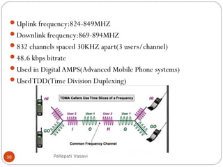 Uplink frequency:824-849MHZ
Downlink frequency:869-894MHZ
832 channels spaced 30KHZ apart(3 users/channel)
48.6 kbps bitrate
Used in Digital AMPS(Advanced Mobile Phone systems)
UsedTDD(Time Division Duplexing)
Pallepati Vasavi36
 