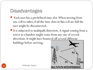 Disadvantages
 Each user has a predefined time slot.When moving from
one cell to other, if all the time slots in this cell are full the
user might be disconnected.
It is subjected to multipath distortion.A signal coming from a
tower to a handset might come from any one of several
directions. It might have bounced off several different
buildings before arriving.
Pallepati Vasavi39
 