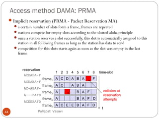 Access method DAMA: PRMA
44
Implicit reservation (PRMA - Packet Reservation MA):
a certain number of slots form a frame, frames are repeated
stations compete for empty slots according to the slotted aloha principle
once a station reserves a slot successfully, this slot is automatically assigned to this
station in all following frames as long as the station has data to send
competition for this slots starts again as soon as the slot was empty in the last
frame
frame1
frame2
frame3
frame4
frame5
1 2 3 4 5 6 7 8 time-slot
collision at
reservation
attempts
A C D A B A F
A C A B A
A B A F
A B A F D
A C E E B A F D
t
ACDABA-F
ACDABA-F
AC-ABAF-
A---BAFD
ACEEBAFD
reservation
Pallepati Vasavi
 
