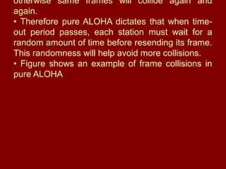 otherwise same frames will collide again and
again.
• Therefore pure ALOHA dictates that when time-
out period passes, each station must wait for a
random amount of time before resending its frame.
This randomness will help avoid more collisions.
• Figure shows an example of frame collisions in
pure ALOHA.
 