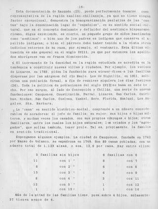 -716 1 
Esta documentación de Rauquén (25) puede perfectamente tomarse CONO 
r e p r e s e n t a t i v a de l a r e g i ó n m a u l i n o - c h i l l a n e j a , ya que no t i e n e ningun 
f a c t o r excepcional, demuestra 1 a homogeneización p a u l a t i n a de 1 a s "cas 
tas" b a j o l a denominación l e g a l d e " e s p a ñ o l e s " , en su s e n t i d o social-CUI - 
t u r a l . que es el concepto dominante y d e f i n i d o r del m e s t i z a j e hispanoame-r 
i c a n o , S i g u e e x i s t i e n d o , es c i e r t o , un pequeño grupo de niños bautizados 
como "mestizos": o bien uno de l o s p a d r e s es indígena que conserva el a - 
p e l l i d o i n d í g e n a ; o bien e l p á r r o c o debe haber t e n i d o a l a v i s t a o t r o s 
i n d i c i o s e x t e r n o s de su r a z a , por ejemplo. el v e s t u a r i o . Esta ú l t i m a si-t 
u a c i ó n e s más general en e l s i g l o XVIII, ya que por entonces l o s a p e l l i - 
d o s a b o r í g e n e s van en franca disminución, 
$ E l incremento d e l a densidad en l a región e s t u d i a d a s e a c r e d i t a en la 
t e n d e n c i a a c o n s t i t u i r nuevas v i l l a s y ciudades. Por ejemplo, l o s vecinos 
de L i n a r e s , en 1788, piden l a fundación para a t r a e r - d i c e n - a l a s f a m i l i a s 
d i s p e r s a s por las márgenes del r í o Maule, Los de D i g u i l l í n , en 1811 s o l i 
c i t a n una población formal, a f i n de r e u n i r s e s i q u i e r a l o s d í a s f e s t i v o s 
(26). Toda l a p o l í t i c a de poblaciones dei s i g l o XVIIIse basa en e s t e he 1 
cho, Por eso surgen, al lado de Concepción y C h i l l á n , una s e r i e de nuevas 
fundaciones: Cauquenes, C o n s t i t u c i ó n , P a r r a l Linares, San C a r l o s , O u i r i - 
hue, Ninhue, San Carlos, Coelemu, Yumbel Rere, F l o r i d a . Hualqui, Los An. 
g e l e s , Sta. B a r b a r a . 
> La 7'casa'' en s e n t i d o h i s t ó r i c o - s o c í a l comprende a un número c o n s i d e , 
r a b l e s de moradores: e l j e f e de f a m i l i a ; su v u j e r ; s u s h i j o s e h i j a s sol-t 
e r o s , y muchas veces l o s casados, con sus propios cónyuges e h i j o s ; O t r o s 
f a m i l i a r e s , e n t r e los cuales l o s h i j o s n a t u r a l e s ; las c r i a d o s y l o s "agre-gados"', 
que s o l í a n también, t e n e r p r o l e , Tal es, propiamente, l a familia 
en s e n t i d o t r a d i c i o n a l . 
Expongamos a l g u n o s ejemplos, La ciudad de Cauquenes, fundada en 1742 
- Por Manso de Velasco, se empadrona en 1749, Son 89 c a s a s pobladas, con un 
número t o t a l de 1 . 1 2 3 a l m a s , o s e a , 1 2 , 6 p o r casa. Nay e n t r e e l l o s : 
5 familias s i n h i j o s 6 f a m i l i a s con 6 
%I con 1 *' 8 con 7 
8 con 2 O' 6 con 8 
13 con 3 6 con 9 
8 con 4 F1 3 con 11 
12 
con 5 'I 
1 
con 15 te 
1 c o n 1 2 
1 con 16 
Más de l a mitad de las familias t i e n e , p u e s o s o b r e 4 h i j o s , solamente- 
39 t i e n e n menos de 4. 
 