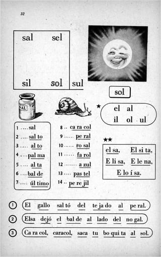 32
I
* 
sal
sil
sel'
1 ....sal
2 ....salto
3 ..... alto
4 -pal ina ,
5 .... alta
-
I
6 .-..balde
o
o
o
su1
, [X)
8 .. cara col
10 ..... ro sal
9 ...... pe ral
13 Das te1
1el-sa, El si tá,
1E li sa, ,Ele na,
I E loísa.
I
gallo saltó del teja do al peral.
dejó el balde al lado del nogal.
a ra col, caracol, saca tu bo qui ta 'al col.]
- - - _.
- - - - -
- - -
 