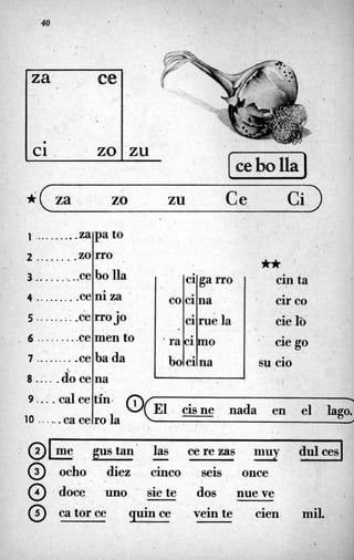 40
1 .........-za
2 ........ zo
3 ..........ce
4 .........ce
5 ........ ,Ce
. 6 ........ .ce
7 ......... x e
8 .:. . .doce

za CQ
pa to
bo lla
ni za .
rroj o
ba da
na
rro
.
men to
zu
9 . ...cal ce
10 ......cace
[bo)
tín-
ro la
@(E1 cisne nada en el lago'
d(za zo zu .' C e ci.).
* '
cin ta
' circo
cie lo
ciego
su cio
 