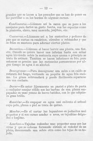 grsndes que se hacen it 10s LJ~::"CZUOS q u e se iimi uc: yuiiw
Ins parrillas o cn 10s bordes de nlgunas carnes.
Condimentos.-Ll&mase

asi la sazon que se pone

R

nri

10s

maniares navn darles nn ~ n s t , n r i e r t ~
f
con I R S nsnmiRs m m o

A

I

dns o Ion,

Lonc71(
zs.-l'ajadas
redondas mas pequefias unns que las
otrss y que se colocan formando circulo a1 rededor de un
plnto, descnnsando una sohre otra como Ins tejas de un teiadn.

 