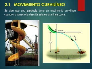 2.1 MOVIMIENTO CURVILÍNEO
Se dice que una partícula tiene un movimiento curvilíneo
cuando su trayectoria descrita esta es una línea curva.
 