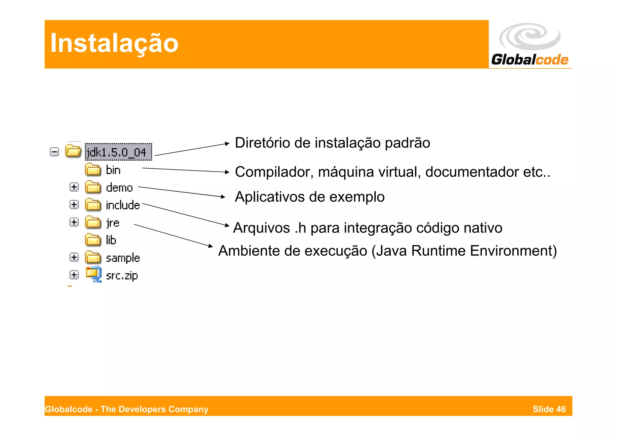 Instalação


                                        Diretório de instalação padrão
                                        Compilador, máquina virtual, documentador etc..
                                        Aplicativos de exemplo

                                        Arquivos .h para integração código nativo
                                      Ambiente de execução (Java Runtime Environment)




Globalcode - The Developers Company                                                 Slide 46
 
