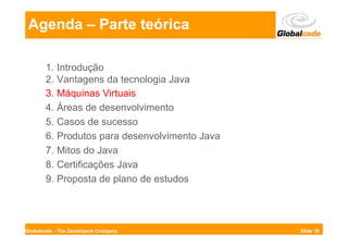 Agenda – Parte teórica

       1. Introdução
       2. Vantagens da tecnologia Java
       3. Máquinas Virtuais
       4. Áreas de desenvolvimento
       5. Casos de sucesso
       6. Produtos para desenvolvimento Java
       7. Mitos do Java
       8. Certificações Java
       9. Proposta de plano de estudos




Globalcode - The Developers Company            Slide 16
 