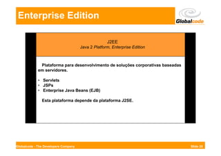 Enterprise Edition

                                                    J2EE
                                      Java 2 Platform, Enterprise Edition



              Plataforma para desenvolvimento de soluções corporativas baseadas
             em servidores.

             • Servlets
             • JSPs
             • Enterprise Java Beans (EJB)

               Esta plataforma depende da plataforma J2SE.




Globalcode - The Developers Company                                               Slide 25
 