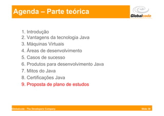 Agenda – Parte teórica

       1. Introdução
       2. Vantagens da tecnologia Java
       3. Máquinas Virtuais
       4. Áreas de desenvolvimento
       5. Casos de sucesso
       6. Produtos para desenvolvimento Java
       7. Mitos do Java
       8. Certificações Java
       9. Proposta de plano de estudos




Globalcode - The Developers Company            Slide 38
 