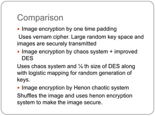 Comparison
 Image encryption by one time padding
Uses vernam cipher. Large random key space and
images are securely transmitted
 Image encryption by chaos system + improved
DES
Uses chaos system and ¼ th size of DES along
with logistic mapping for random generation of
keys.
 Image encryption by Henon chaotic system
Shuffles the image and uses henon encryption
system to make the image secure.
 