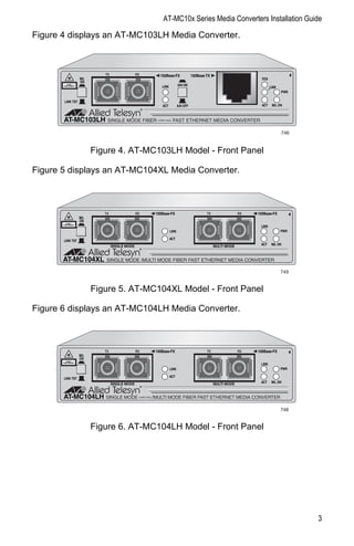 AT-MC10x Series Media Converters Installation Guide

Figure 4 displays an AT-MC103LH Media Converter.



                                TX                 RX     100Base-FX               100Base-TX                                          4
                       M/L                                                                                          FDX
                       ON
          CLASS 1
       LASER PRODUCT
                                                           LINK          A/N ON
                                                                                                                          LINK
                                                                                                                                 PWR

        LINK TST
                                                            ACT          A/N OFF                                    ACT    M/L ON



       AT-MC103LH SINGLE MODE FIBER                      LONG HAUL   FAST ETHERNET MEDIA CONVERTER

                                                                                                                                 746


                             Figure 4. AT-MC103LH Model - Front Panel

Figure 5 displays an AT-MC104XL Media Converter.



                                TX                 RX   100Base-FX                         TX                RX   100Base-FX           4
                       M/L
                       ON
          CLASS 1
       LASER PRODUCT
                                                                                                                   LINK
                                                                  LINK                                                           PWR

                                                                  ACT
       LINK TST
                                                                                                                   ACT     M/L ON
                                     SINGLE MODE                                                MULTI MODE



       AT-MC104XL               SINGLE MODE /MULTI MODE FIBER FAST ETHERNET MEDIA CONVERTER

                                                                                                                                 749


                             Figure 5. AT-MC104XL Model - Front Panel

Figure 6 displays an AT-MC104LH Media Converter.



                                TX                 RX   100Base-FX                         TX                RX   100Base-FX           4
                       M/L
                       ON
          CLASS 1
       LASER PRODUCT
                                                                                                                   LINK
                                                                  LINK                                                           PWR

                                                                  ACT
       LINK TST
                                                                                                                   ACT     M/L ON
                                     SINGLE MODE                                                MULTI MODE


       AT-MC104LH               SINGLE MODE LONG HAUL /MULTI MODE FIBER FAST ETHERNET MEDIA CONVERTER

                                                                                                                                 748


                             Figure 6. AT-MC104LH Model - Front Panel




                                                                                                                                           3
 