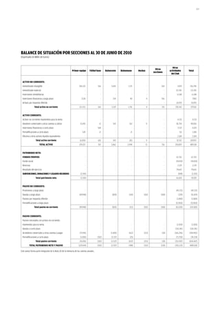 207




baLaNCe De SiTuaCióN Por SeCCioNeS aL 30 De juNio De 2010
(Expresado en Miles de Euros)


                                                                                                                                                               Otras
                                                                                                                                              Otras
                                                           Primer equipo       Fútbol base      Baloncesto     Balonmano      Hockey                        actividades       Total
                                                                                                                                            secciones
                                                                                                                                                              del Club


 aCTivo No CorrieNTe:
 Inmovilizado intangible                                           206.125              166          5.065           1.721              -          160             3.059       216.296
 Inmovilizado material                                                    -                -              -              -              -               -         121.742       121.742
 Inversiones inmobiliarias                                                -                -              -              -              -               -          6.548         6.548
 Inversiones financieras a largo plazo                                7.128                -           254             40              4           556                    -       7.982
 Activos por impuesto diferido                                            -                -              -              -              -               -         26.993        26.993
                Total activo no corriente                          213.253              166           5.319          1.761             4            716          158.342       379.561


 aCTivo CorrieNTe:
 Activos no corrientes mantenidos para la venta                           -                -              -              -              -               -           4.531        4.531
 Deudores comerciales y otras cuentas a cobrar                      15.476                12           543            262              9                -         81.754        98.056
 Inversiones financieras a corto plazo                                    -             568               -              -              -               -           3.537        4.105
 Periodificaciones a corto plazo                                       528                21              -            21               -               -             511         1.081
 Efectivo y otros activos líquidos equivalentes                           -                -              -              -              -               -           2.184        2.184
                 Total activo corriente                             16.004              601            543            283              9                -          92.517      109.957
                     ToTaL aCTivo                                  229.257              767          5.862          2.044              13           716          250.859       489.518


 PaTrimoNio NeTo:
 FoNDoS ProPioS                                                           -                -              -              -              -               -         62.352        62.352
 Fondo social                                                             -                -              -              -              -               -         (19.430)      (19.430)
 Reservas                                                                 -                -              -              -              -               -           2.139        2.139
 Resultado del ejercicio                                                  -                -              -              -              -               -         79.643        79.643
 SubveNCioNeS, DoNaCioNeS y LegaDoS reCibiDoS                        (2.545)               -              -              -              -               -           (698)        (3.243)
                 Total patrimonio neto                               (2.545)               -              -              -              -               -         61.654        59.109


 PaSivo No CorrieNTe:
 Provisiones a largo plazo                                                -                -              -              -              -               -         (45.721)      (45.721)
 Deudas a largo plazo                                              (49.948)                -          (820)           (110)       (102)            (100)             (339)      (51.419)
 Pasivos por impuesto diferido                                            -                -              -              -              -               -          (1.080)       (1.080)
 Periodificaciones a largo plazo                                          -                -              -              -              -               -         (15.960)      (15.960)
                Total pasivo no corriente                          (49.948)                -          (820)           (111)       (102)            (100)          (63.100)     (114.180)


 PaSivo CorrieNTe:
 Pasivos vinculados con activos no corrientes
 mantenidos para la venta                                                 -                -              -              -              -               -          (1.500)       (1.500)
 Deudas a corto plazo                                                     -                -              -              -              -               -        (114.241)     (114.241)
 Acreedores comerciales y otras cuentas a pagar                     (75.941)               -         (1.400)         (612)        (213)             (30)         (166.296)    (244.492)
 Periodificaciones a corto plazo                                    (1.000)             (302)        (1.137)           (25)             -               -         (71.750)      (74.214)
                 Total pasivo corriente                             (76.941)            (302)        (2.537)         (637)        (213)             (30)         (353.787)    (434.447)
         ToTaL PaTrimoNio NeTo y PaSivo                            (129.434)            (302)        (3.357)         (748)        (315)            (130)         (355.233)     (489.518)

Este anexo forma parte integrante de la Nota 20 de la memoria de las cuentas anuales.
 