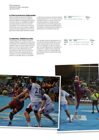 60
áREA dEpoRtivA
Supercopa de España / Copa asobal
Liga de los Pirineos



EL tÍtULo SE ESCApA EN EL úLtiMo SUSpiRo
El Barça se quedó a las puertas de revalidar el         y, a falta de cinco minutos para el final, los hombres   FECHA       pARtido                                   RESULtAdo
título de la Supercopa de España, conseguido la         de Pascual ganaban por 27-24. Con todo, el conjunto      05.09.10 Renovalia Ciudad Real - FCB Borges             29-28
temporada 2008/09. La final, jugada prácticamente       manchego reaccionó, con una gran actuación de
en terreno contrario, con el pabellón Vista alegre      su portero Hombrados, y consiguió remontar.
de Córdoba totalmente a favor del rival, estuvo         Cuando faltaban poco más de diez segundos para
muy igualada. En la recta final de la primera parte,    la conclusión, un gol de Isaías Guardiola dejaba el
el Barça sumó una renta de tres goles y se llegó al     29-28 definitivo. Laszlo Nagy intentó el empate a la
descanso con ventaja azulgrana por 14-11. En la se-     desesperada, pero su lanzamiento salió fuera.
gunda mitad, el Barça siguió dominando el partido




EL CiUdAd REAL, vERdUGo EN LA FiNAL
El Barça Borges no pudo revalidar el título de la       Saric bajo palos, el Barça acabó ganando por 29 a        JoRNAdA       FECHA      pARtido                                   RESULtAdo
temporada 2009/10, ya que perdió en la final contra     26. En la final, esperaba el Ciudad Real. Los culés      SEMiFiNAL     18.12.10   Reale Ademar León - FC Barcelona Borges    26-29
el Ciudad Real. En las semifinales de la competición,   cuajaron una gran primera mitad, que terminó             FiNAL         19.12.10   BM Ciudad Real - FC Barcelona Borges        34-31
celebrada en Vigo, el conjunto azulgrana derrotó al     con un 16-14 favorable. Con todo, en la segunda
ademar por 29-26. En la primera parte, el equipo        parte, una salida fulgurante de los manchegos con
leonés marcó el ritmo y llegó al descanso con           un parcial de 1-6 cambio las tornas. El Barça fue
una ventaja de tres goles. Pero la reacción de los      a remolque y se topó con un rival que llegó más
hombres de Pascual en el segundo periodo fue            entero al último tramo y lo aprovechó para acabar
inminente. Con una gran actuación de Rutenka e          ganando 34-31.
Igropulo, con siete goles cada uno, y un magnífico
 
