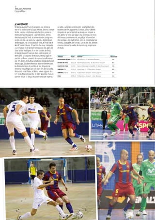 82
áREA dEpoRtivA
copa del Rey




¡CAMpEoNES!
El Barça alusport fue el campeón por primera               no sólo a un gran contrincante, sino también las
vez en la historia de la copa del Rey. En esta compe-      lesiones de tres jugadores: cristian, chico y Wilde.
tición, creada esta temporada, las tres primeras           Después de que el partido acabara con empate a
eliminatorias se jugaron a partido único. En los           dos goles, se tuvo que jugar una prórroga. al inicio
dieciseisavos de final, el primer equipo azulgrana         del tiempo suplementario, un gol de Schumacher
no dio opción a la sorpresa y ganó a domicilio al          dio ventaja a los madrileños, pero la remontada fue
andorra por 2-5. En octavos de final, el rival fue el      heroica. Dos goles de Torras y lin en los dos últimos
Marfil Santa coloma. El partido fue muy trabajado          minutos dieron la vuelta al marcador y propiciaron
y se resolvió en el primer tiempo con dos goles de         el título.
Saad y Javi Rodríguez. Y en los cuartos de final,
el Barça alusport tuvo un duro contrincante: el
Benicarló. El conjunto de Marc carmona jugó un             JoRNAdA               FECHA       pARtido                                                  RESULtAdo
partido brillante y superó al equipo castellonense         diECiSEiSAvoS dE FiNAL 21.12.10   BP Andorra - FC Barcelona Alusport                         2-5
por 3-5. antes de la final, el último obstáculo fue el
                                                           oCtAvoS dE FiNAL      29.12.10    Marfil Santa Coloma - FC Barcelona Alusport                0-2
azkar lugo. los barcelonistas dejaron sentenciada
la eliminatoria en el partido de ida después de            CUARtoS dE FiNAL      11.01.11    Benicarló Aeropuerto Castellón - FC Barcelona Alusport     3-5
vencer a los gallegos por un claro 2-9. En la vuelta,      SEMiFiNAL. iDa        22.03.11    Azkar Lugo FS - FC Barcelona Alusport                      2-9
disputada en el Palau, el Barça volvió a ganar 6 a         SEMiFiNAL. VuElTa     29.03.11    FC Barcelona Alusport - Azkar Lugo FS                      6-1
1. Y en la final, el rival fue el inter Movistar. Fue un
                                                           FiNAL                 07.05.11    FC Barcelona Alusport – Inter Movistar                     4-3
partido épico. El Barça alusport tuvo que superar,
 