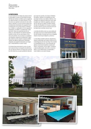 140
instalaciones
La Masia del siglo XXI
Otras obras



la nUeva Masia
En junio finalizaron los trabajos de construcción de    para seguir los partidos y los clásicos futbolines
la nueva Masia, la nueva casa del fútbol formativo      de la Masia. También se ha habilitado una sala
del Club que sustituye a la Masia que ha acogido las    para dejar las botas y las maletas. Además, se ha
tres últimas décadas a la cantera del Barça. El edi-    instalado una máquina de hielo para tratar mejor
ficio tiene una superficie construida de unos 6.000     los golpes que reciben los jugadores. Asimismo,
metros cuadrados. En las dos primeras plantas hay       hay una sala para la colada y el edificio dispone
42 habitaciones distribuidas de la siguiente forma:     de salas de ordenadores. En resumen, se pueden
19 habitaciones en la primera planta (3 individua-      encontrar todos los servicios necesarios para que
les, 13 dobles y 3 cuádruples) y 23 en la segunda (4    los deportistas se sientan como en casa.
individuales y 19 dobles). Las habitaciones -todas
exteriores- tienen una capacidad para 83 resi-          La fachada del edificio tiene una nueva doble piel
dentes. En cada habitación, los jóvenes disponen,       que mejora aún más el comportamiento bioclimá-
también de aseos, de una cama propia, de una            tico del inmueble, al tiempo que le da un innegable
mesa para estudiar y de un armario. Los jugadores       impacto visual de gran elegancia y presencia.
más pequeños comparten las habitaciones cuádru-
ples, mientras que los mayores ocupan las dobles.       La nueva Masia también puede dar alojamiento a
También hay algunas habitaciones individuales           equipos profesionales que realizan estancias en la
adaptadas para jugadores lesionados que tengan          Ciudad Deportiva de Sant Joan Despí. Para resolver
que ir temporalmente en silla de ruedas.                la compatibilidad de usos, se han destinado dos
                                                        plantas a esta función específica: la planta del
En la planta baja encontramos la cocina, el come-       sótano -con gimnasio, zona de aguas, comedores
dor, la sala de visitas, los despachos de administra-   y sala de audiovisuales, entre otros- y la tercera
ción, las aulas de refuerzo y el espacio de recreo de   planta, con 36 habitaciones (32 individuales y
los niños donde hay una gran pantalla de televisión     cuatro dobles) y una sala de masajes.
 