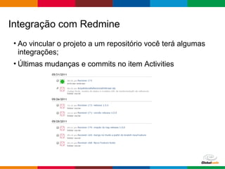 Globalcode – Open4education
• Ao vincular o projeto a um repositório você terá algumas
integrações;
• Últimas mudanças e commits no item Activities
Integração com Redmine
 