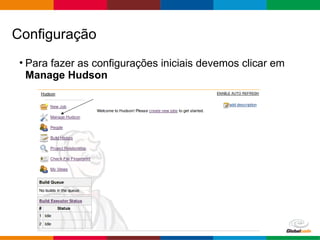 Globalcode – Open4education
• Para fazer as configurações iniciais devemos clicar em
Manage Hudson
Configuração
 