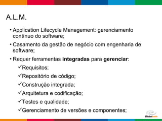 Globalcode – Open4education
• Application Lifecycle Management: gerenciamento
contínuo do software;
• Casamento da gestão de negócio com engenharia de
software;
• Requer ferramentas integradas para gerenciar:
Requisitos;
Repositório de código;
Construção integrada;
Arquitetura e codificação;
Testes e qualidade;
Gerenciamento de versões e componentes;
A.L.M.
 