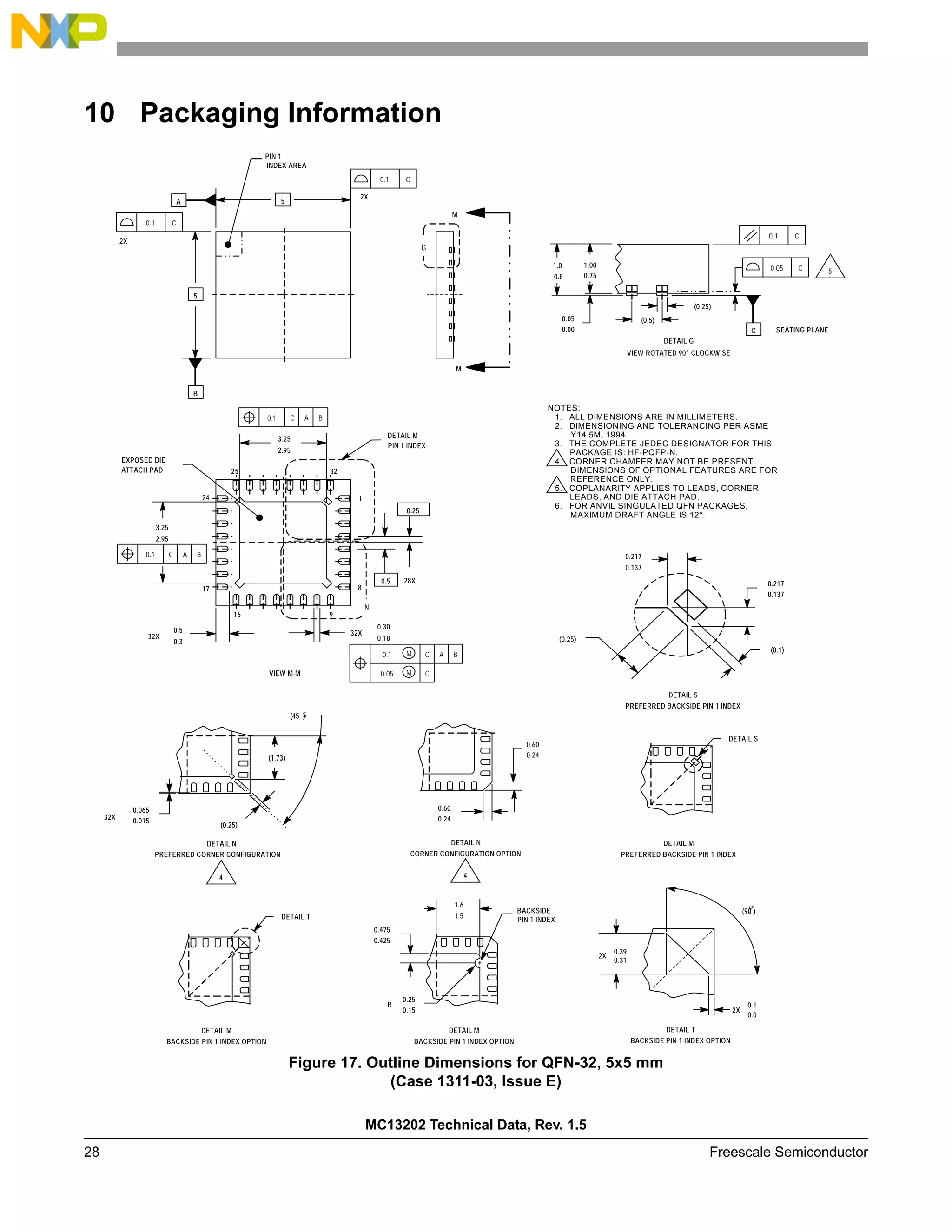 MC13202 Technical Data, Rev. 1.5
28 Freescale Semiconductor
10 Packaging Information
Figure 17. Outline Dimensions for QFN-32, 5x5 mm
(Case 1311-03, Issue E)
N
EXPOSED DIE
ATTACH PAD
2.95
25
8
1
32
3.25
32X
0.18
0.30
24
17
16 9
0.5
M
0.1 C
M
0.05 C
A B
32X
0.5
0.3
C
0.1 A B
C
0.1 A B
VIEW M-M
0.25
28X
DETAIL M
PIN 1 INDEX
2.95
3.25
PIN 1
INDEX AREA
5
B
C
0.1
2X
2X
C
0.1
A 5
G
M
M
1.0 1.00
0.05
C
0.1
C
0.05
C SEATING PLANE
5
DETAIL G
VIEW ROTATED 90° CLOCKWISE
(0.5)
(0.25)
0.8 0.75
0.00
(1.73)
(0.25)
0.065
32X
0.015
(45 )
5
4
PREFERRED CORNER CONFIGURATION
DETAIL N
0.60
0.24
0.60
0.24
4
DETAIL N
CORNER CONFIGURATION OPTION
DETAIL T
DETAIL M
BACKSIDE PIN 1 INDEX OPTION
DETAIL T
BACKSIDE PIN 1 INDEX OPTION
(90 )
5
2X
2X
0.39
0.31
0.1
0.0
DETAIL M
BACKSIDE PIN 1 INDEX OPTION
1.6
0.475
0.425
1.5
BACKSIDE
PIN 1 INDEX
0.25
0.15
R
DETAIL S
DETAIL M
PREFERRED BACKSIDE PIN 1 INDEX
0.217
0.137
(0.25)
0.217
0.137
(0.1)
DETAIL S
PREFERRED BACKSIDE PIN 1 INDEX
NOTES:
1. ALL DIMENSIONS ARE IN MILLIMETERS.
2. DIMENSIONING AND TOLERANCING PER ASME
Y14.5M, 1994.
3. THE COMPLETE JEDEC DESIGNATOR FOR THIS
PACKAGE IS: HF-PQFP-N.
4. CORNER CHAMFER MAY NOT BE PRESENT.
DIMENSIONS OF OPTIONAL FEATURES ARE FOR
REFERENCE ONLY.
5. COPLANARITY APPLIES TO LEADS, CORNER
LEADS, AND DIE ATTACH PAD.
6. FOR ANVIL SINGULATED QFN PACKAGES,
MAXIMUM DRAFT ANGLE IS 12°.
 