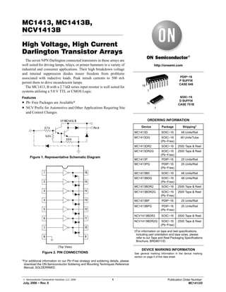 © Semiconductor Components Industries, LLC, 2006
July, 2006 − Rev. 8
1 Publication Order Number:
MC1413/D
MC1413, MC1413B,
NCV1413B
High Voltage, High Current
Darlington Transistor Arrays
The seven NPN Darlington connected transistors in these arrays are
well suited for driving lamps, relays, or printer hammers in a variety of
industrial and consumer applications. Their high breakdown voltage
and internal suppression diodes insure freedom from problems
associated with inductive loads. Peak inrush currents to 500 mA
permit them to drive incandescent lamps.
The MC1413, B with a 2.7 kW series input resistor is well suited for
systems utilizing a 5.0 V TTL or CMOS Logic.
Features
• Pb−Free Packages are Available*
• NCV Prefix for Automotive and Other Applications Requiring Site
and Control Changes
Figure 1. Representative Schematic Diagram
5.0 k
3.0 k
Pin 9
1/7 MC1413, B
2.7 k
Figure 2. PIN CONNECTIONS
9
10
11
12
13
14
15
16
8
7
6
5
4
3
2
1
(Top View)
*For additional information on our Pb−Free strategy and soldering details, please
download the ON Semiconductor Soldering and Mounting Techniques Reference
Manual, SOLDERRM/D.
http://onsemi.com
PDIP−16
P SUFFIX
CASE 648
1
16
1
16
SOIC−16
D SUFFIX
CASE 751B
Device Package Shipping†
ORDERING INFORMATION
MC1413D SOIC−16 48 Units/Rail
MC1413DR2 SOIC−16 2500 Tape & Reel
See general marking information in the device marking
section on page 5 of this data sheet.
DEVICE MARKING INFORMATION
MC1413P PDIP−16 25 Units/Rail
MC1413BD SOIC−16 48 Units/Rail
MC1413BDR2 SOIC−16 2500 Tape & Reel
MC1413BP PDIP−16 25 Units/Rail
NCV1413BDR2 SOIC−16 2500 Tape & Reel
MC1413PG PDIP−16
(Pb−Free)
25 Units/Rail
MC1413BDR2G SOIC−16
(Pb−Free)
2500 Tape & Reel
†For information on tape and reel specifications,
including part orientation and tape sizes, please
refer to our Tape and Reel Packaging Specifications
Brochure, BRD8011/D.
MC1413DR2G SOIC−16
(Pb−Free)
2500 Tape & Reel
MC1413DG SOIC−16
(Pb−Free)
48 Units/Tube
MC1413BDG SOIC−16
(Pb−Free)
48 Units/Rail
MC1413BPG PDIP−16
(Pb−Free)
25 Units/Rail
NCV1413BDR2G SOIC−16
(Pb−Free)
2500 Tape & Reel
 