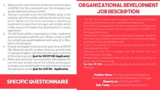 Specific Questionnaire
organizational development
job description
1. What are the main functions of Internal communication
in AIESEC for Peru and which are the strategies you
would implement to assure them?
2. Taking in consideration the OD Model, what is the
evolution all of the entities will have by the end of your
term? What are the main strategies would you
implement to make them stronger and entities which
really assure the leadership development in every
experience?
3. The OD Team will be responsible to create, implement
and track projects with the LCs. Please, create a draft
for a project you would implement with some LC in Peru
(pick a real situation).
4. Choose and explain 3 key focus for your term as MCVP
OD. Please be specific on why is that your priority, how
is it going to happen and what are the expect outcome
of the actions you set. (just for MCVP OD Applicants)
5. Please pick one of our current clusters and evaluate the
current state of each one of the entities and propose
strategies you would implement with them to improve
the operations results (just for LCD Dir. Applicants).
• The OD Team is responsible to support the Local Committees
gradual growth towards the organizational objectives.
• Drive the LC Development services to ensure the achievement
of the organizational goals and the sustainability of AIESEC for
Peru beyond the term.
• Responsible of managing the local planning’s strategy, transition
and tracking processes; implementation of coaching and follow
up through national education cycle.
• Is also responsible for overseeing the alignment with the
international direction.
• Manage the MC Peru fanpage and the whole Internal
Communication Strategy.
• Responsible to implement the new OD Strategy (working by
issues and not by coaching).
• For the VP OD: responsible to lead the team and track the OD
Planning.
Position Name: VP Organizational Development
Director and Local Committe Development Manager
Reports to: VP OD and MCP
Sub Team: Organizational Development
 