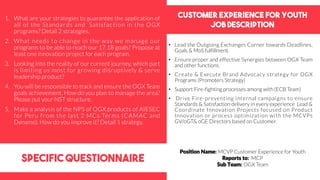 Customer experience for youth
job description
specific questionnaire
• Lead the Outgoing Exchanges Corner towards Deadlines,
Goals & MoS fulfillment.
• Ensure proper and effective Synergies between OGX Team
and other functions.
• Create & Execute Brand Advocacy strategy for OGX
Programs (Promoters Strategy)
• Support Fire-fighting processes among with (ECB Team)
• Drive Fire-preventing internal campaigns to ensure
Standards & Satisfaction delivery in every experience Lead &
Coordinate Innovation Projects focused on Product
Innovation or process optimization with the MCVPs
GV/oGT& oGE Directors based on Customer.
1. What are your strategies to guarantee the application of
all of the Standards and Satisfaction in the OGX
programs? Detail 2 strategies.
2. What needs to change in the way we manage our
programs to be able to reach our 17.18 goals? Propose at
least one innovation project for each program.
3. Looking into the reality of our current journey, which part
is limiting us most for growing disruptively & serve
leadership product?
4. You will be responsible to track and ensure the OGX Team
goals achievement. How do you plan to manage the area?
Please put your NST structure.
5. Make a analysis of the NPS of OGX products of AIESEC
for Peru from the last 2 MCs Terms (CAMAC and
Dynamo). How do you improve it? Detail 1 strategy.
Position Name: MCVP Customer Experience for Youth
Reports to: MCP
Sub Team: OGX Team
 