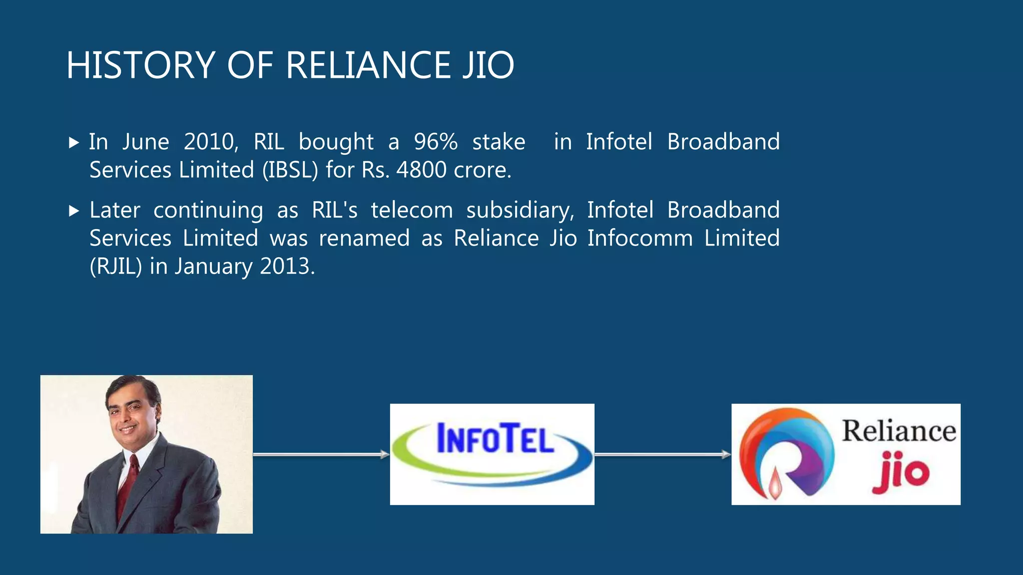 HISTORY OF RELIANCE JIO
 In June 2010, RIL bought a 96% stake in Infotel Broadband
Services Limited (IBSL) for Rs. 4800 crore.
 Later continuing as RIL's telecom subsidiary, Infotel Broadband
Services Limited was renamed as Reliance Jio Infocomm Limited
(RJIL) in January 2013.
 