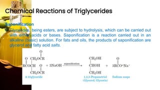 Chemical Reactions of Triglycerides
Saponification
• Glycerides, being esters, are subject to hydrolysis, which can be carried out
with either acids or bases. Saponification is a reaction carried out in an
alkaline (basic) solution. For fats and oils, the products of saponification are
glycerol and fatty acid salts.
 