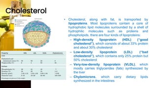 Cholesterol
• Cholesterol, along with fat, is transported by
lipoproteins. Most lipoproteins contain a core of
hydrophobic lipid molecules surrounded by a shell of
hydrophilic molecules such as proteins and
phospholipids. there are four kinds of lipoproteins:
– High-density lipoprotein (HDL) (“good
cholesterol”), which consists of about 33% protein
and about 30% cholesterol
– Low-density lipoprotein (LDL) (“bad
cholesterol”), which contains only 25% protein but
50% cholesterol
– Very-low-density lipoprotein (VLDL), which
mostly carries triglycerides (fats) synthesized by
the liver
– Chylomicrons, which carry dietary lipids
synthesized in the intestines
 