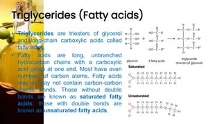 Triglycerides (Fatty acids)
• Triglycerides are triesters of glycerol
and long-chain carboxylic acids called
fatty acids.
• Fatty acids are long, unbranched
hydrocarbon chains with a carboxylic
acid group at one end. Most have even
numbers of carbon atoms. Fatty acids
may or may not contain carbon-carbon
double bonds. Those without double
bonds are known as saturated fatty
acids; those with double bonds are
known as unsaturated fatty acids.
 